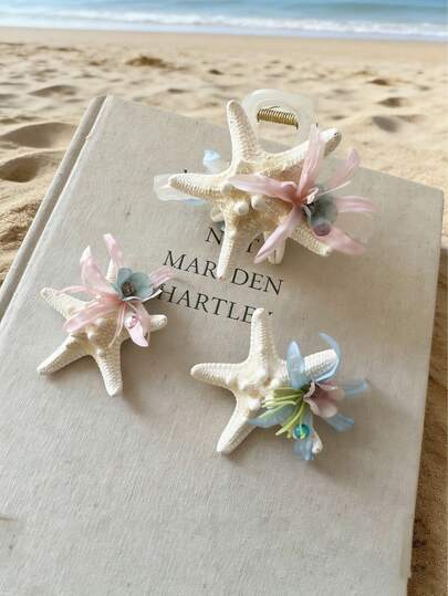 2个海洋海星发夹，永生花海星贝壳浆果发箍，女士旅行度假拍照配饰（不含卡纸）