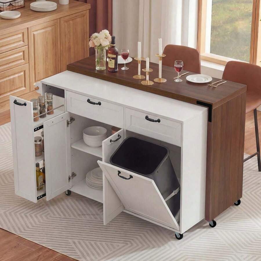 MERAX 102.3" Kitchen Island With Extendable Dining Table, Kitchen Rolling Island Cart With Trash Storage Cabinet, 3-Tier Pull-Out Spice Rack, Mobile Island Table On Wheels For Kitchen, Dining Room, White