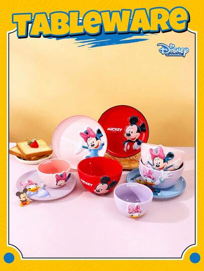 Disney Ceramic Embossed Bowl & Plate Set, Home Rice Bowl & Western-Style Plate, Premium Tableware Gift Set