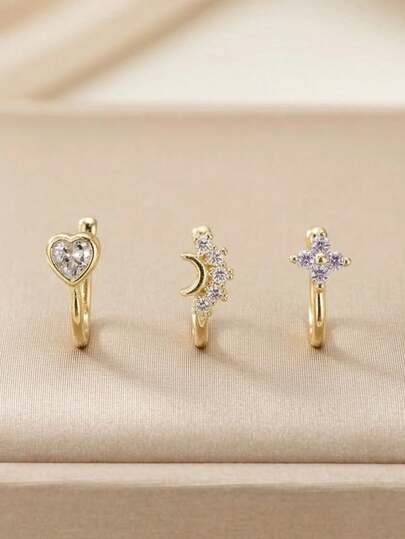 Bộ 3 khuyên mũi sang trọng kiểu Âu & Mỹ hình trái tim và mặt trăng, mạ đồng vàng đính đá CZ hình hoa, có thể điều chỉnh, thiết kế thanh lịch và đa năng, phù hợp để đeo hàng ngày, dự tiệc, đi biển, lễ tốt nghiệp, Ngày của Mẹ, Lễ Tạ ơn, làm quà tặng cho mẹ và con gái, bộ trang sức cơ thể thời trang.