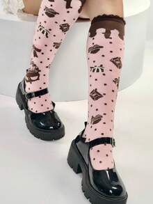 1/3 pares de nuevos calcetines altos hasta la rodilla con volantes de estilo Lolita, con diseño de galletas de chocolate y pasteles dulces - Multicolor - Ver 5