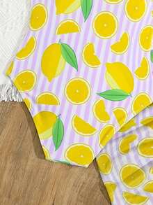 Tween Girls Knit Cute Lemon Digital Print Design Deep V-Neck Swimsuit Set, Suitable For Beach, Summer, Vacation, Seaside, Elegant Lady Fashion - Mauve Purple - View 6