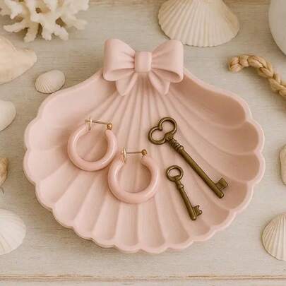 贝壳形蝴蝶结首饰托盘碟，贝壳戒指架和耳环收纳架，项链手链收纳盘，海岸风梳妆台装饰，送给女孩和女士的礼物（粉色/白色）