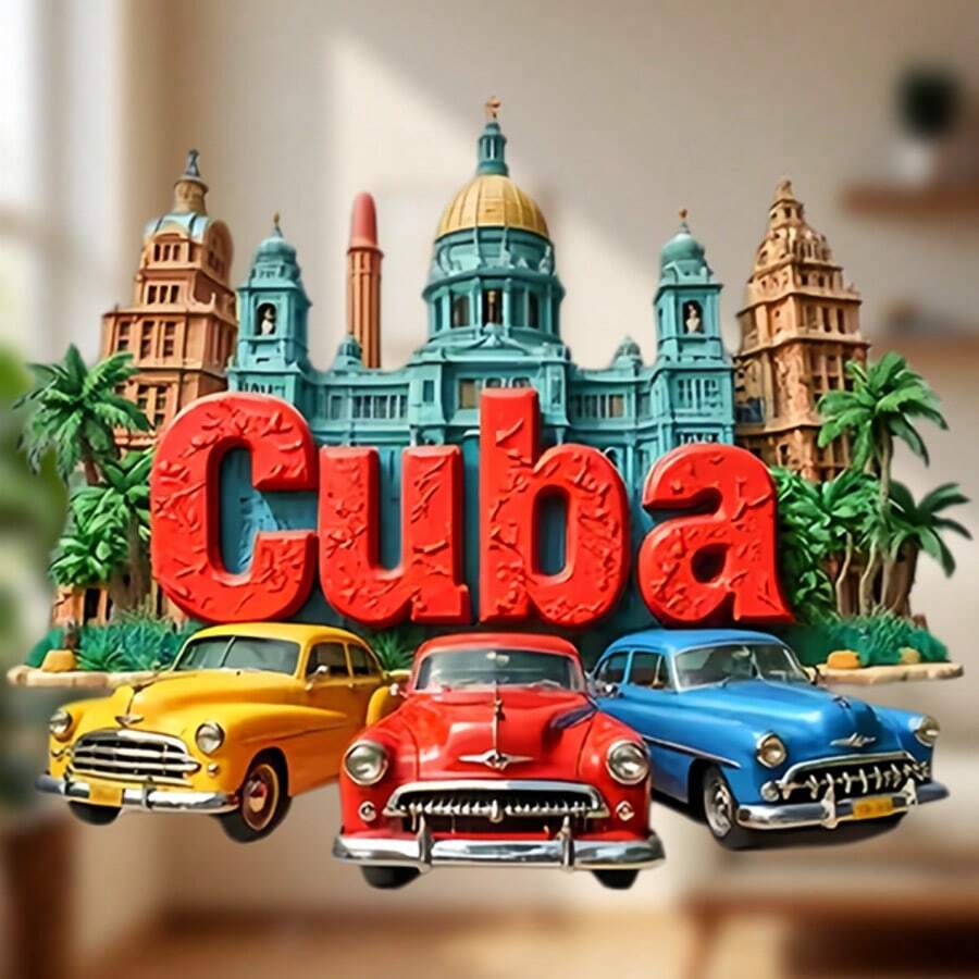 Relief Classic Cars Colonial Architecture Havana Magnet: Vintage American Cars, Pastel Colonial Facades & Palm Trees, Raised Gold-Toned "" Lettering – A Vibrant Slice Of Havana's Retro Caribbean Charm For Your Fridge - Cuban Classic Cars - View 1