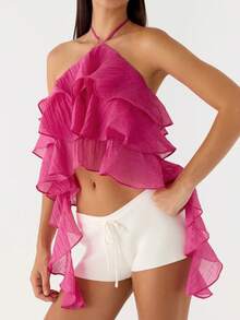 Women Ruffle Halter Tie Neck Crop Top Chiffon Frill Trim Spaghetti Sleeveless Backless Ruffle Layered Hem Cami Top Summer Going Out Tops - 玫紅色 - 查看 3