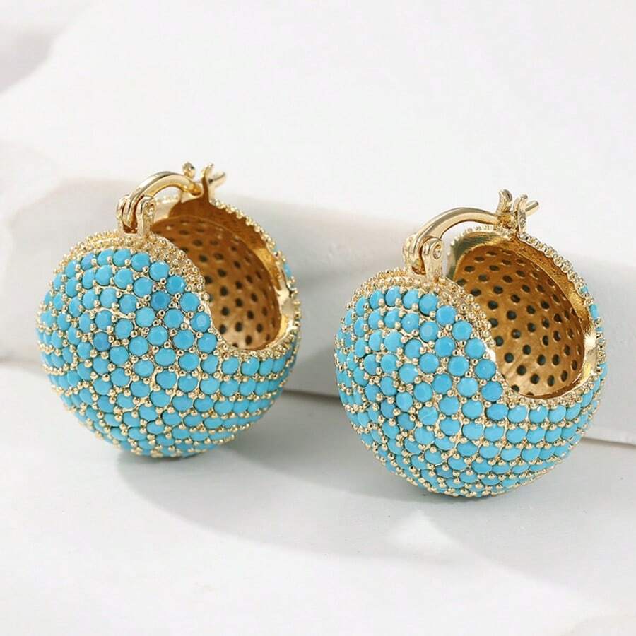 1 Pair Vintage Luxurious Copper-Tone Round Synthetic Turquoise Earrings, Suitable For Any Occasion, Perfect Gift For Women - Gold - View 1
