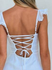 Women's Lace Trim Mini Dress Solid Color Sleeveless Square Neck Back Lace-Up Slim Fit Short Dress Flowy A-Line Ruffle Swing Elegant Going Out Outfits Summer Dress For Party Date Night Wear - 白色 - 查看 6