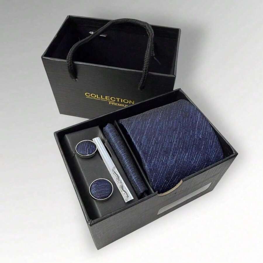 DOZE GOLDEN Premium Quality Traditional Tie Set For Events And Weddings. - 6 Blue Striped - View 1