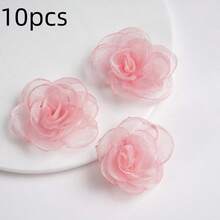 5/10个仿真欧根纱卷曲花头，焦边山茶玫瑰假花，家居婚礼装饰假花DIY工艺品，适用于家居装饰、秋冬婚礼装饰、服装花环剪贴簿配件 - 彩色 - 查看 10