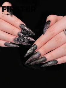 10片装长款尖头手工按压式美甲贴片，美甲用品，深红黑渐变美甲贴片，3D蜘蛛美甲，哥特朋克风假指甲，可重复使用亚克力美甲贴片，女士适用 - 彩色 - 查看 4