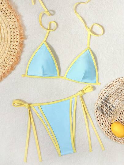 Bộ bikini buộc dây đơn giản, phối màu tương phản, dễ thương, thích hợp cho kỳ nghỉ biển.