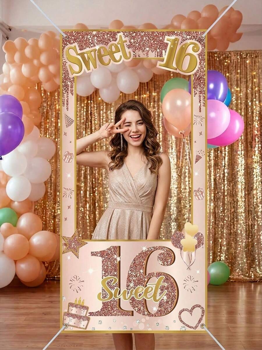 1个巨型甜美16岁生日派对相框 - 玫瑰金闪光装饰16岁生日派对背景,适用于自拍区、甜品桌装饰和生日相册 - 彩色 - 查看 1