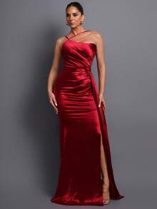 Vestido largo formal elegante, con cuello asimétrico, decoración de volantes, diseño de abertura alta, adecuado para fiestas, banquetes, bodas, bailes de graduación y otras ocasiones formales de primavera - Burdeos - Ver 5