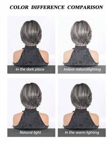 8 Inch Brown With Gray Highlight Short Bobo Wig, Heat Resistant Synthetic Wig, Natural For Daily, Office, And Party Wear - Grey - View 7