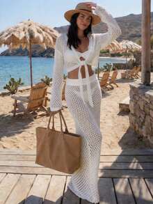 夏季新款女士时尚休闲沙滩度假两件套，白色镂空长袖系带罩衫搭配高腰紧身迷你裙，波西米亚风套装，适合沙滩度假、沙滩派对、泳池派对、郊游、假日等场合。 - 白色 - 查看 4