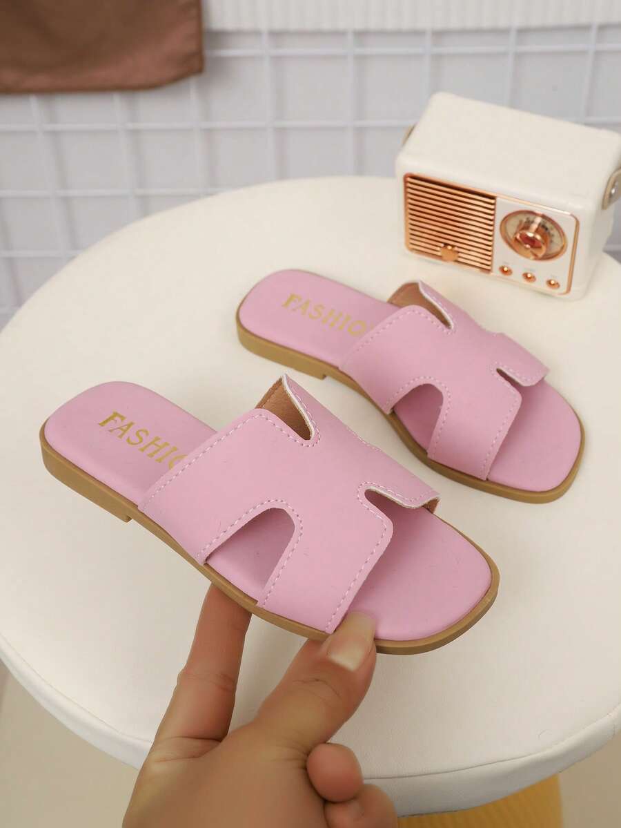 Kids' Fashionable Outdoor Slippers, Summer Square Toe Flat Sandals, New Square Toe Beach Shoes, Beloved By Girls - Pink - View 1