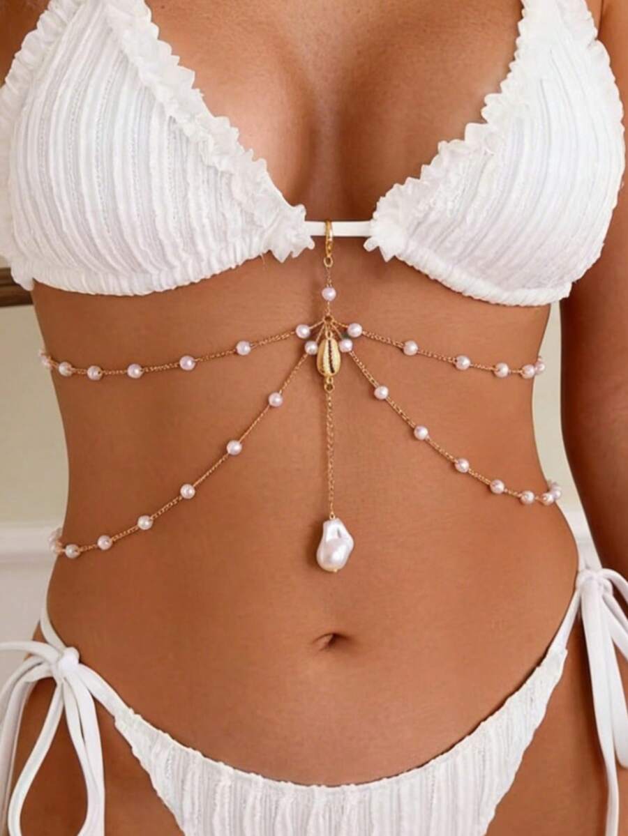 1pc Fashionable Sexy Faux Pearl Shell Pendant Body Chain/Necklace, Versatile Beach Vacation Wear For Women, Memorable Gift For Friends, Family, Couples, Handmade Jewelry Accessory