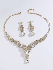 Bộ 3 dây chuyền pha lê kiểu giọt nước lớn dành cho cô dâu, bộ trang sức thanh lịch phù hợp cho đám cưới, tiệc tối sang trọng và những bộ váy dạ hội cao cấp. - Hoa tai + Dây chuyền - Xem 10