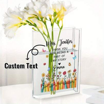 1pc Personalized Acrylic Book Shaped Flower Vase, Custom Text Clear Style Centerpiece, Decorative Floral Acrylic Bookshelf Decor For Readers, Ideal Gift For Birthday, Mother's Day, Wedding, Teachers Day