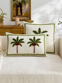 1pc Coconut Tree Embroidered Green Throw Pillow Cover, Fresh Green Plant Palm Tree Cushion Cover For Indoor Decor, Suitable For All Seasons, Pillow Insert Not Included - Green - View 2