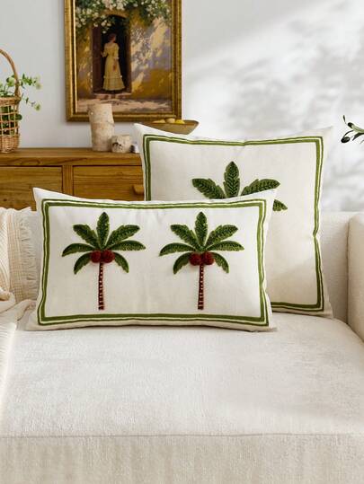 1pc Coconut Tree Embroidered Green Throw Pillow Cover, Fresh Green Plant Palm Tree Cushion Cover For Indoor Decor, Suitable For All Seasons, Pillow Insert Not Included
