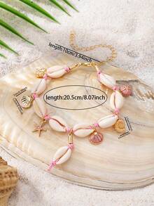 1 chiếc vòng chân thủ công phong cách Boho Bohemian đính vỏ sò cho nữ - Mặt dây chuyền hình sao biển - Trang sức chân phong cách biển - Vòng chân màu hồng hình sinh vật biển - Xem 3