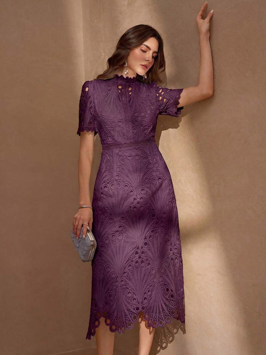 Elegant Back Zipper Round Neck Lace Patchwork Fitted Slim Luxury Dress For Women Summer - Purple - View 1