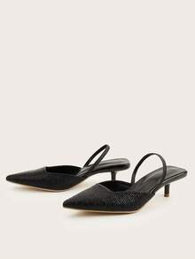 Women's Black Pleated Textured Pointed Toe Kitten Heel Sandals, Elegant Ankle Strap Open Toe High Heels For Commuting, Party, Daily Wear - Black - View 3