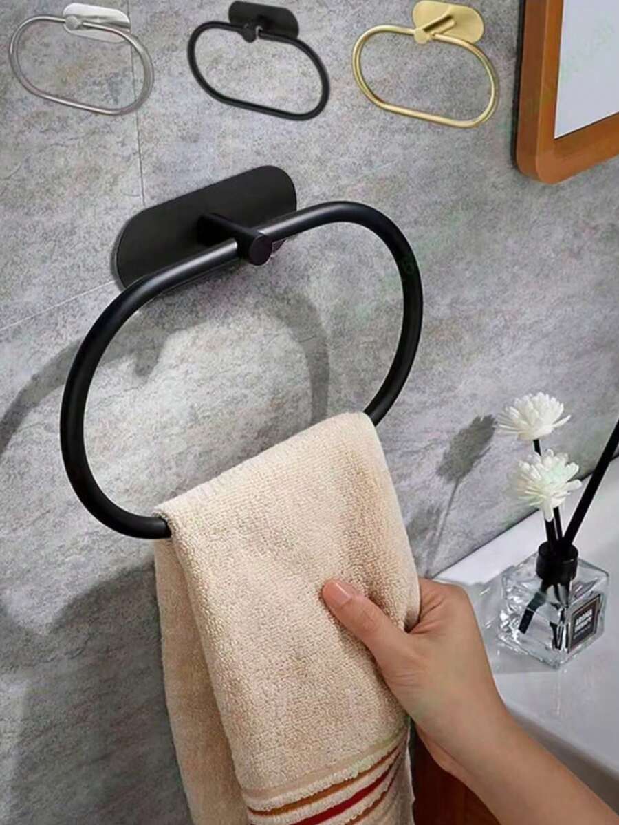 Toallero sin taladro para baño, anillo toallero de acero inoxidable, barra toallera, toallero de tela mate negro, gancho toallero de alta resistencia, soporte para toalla de mano, organizador de almacenamiento para baño, accesorios de ferretería, plata y oro, resistente al agua - Ver 1