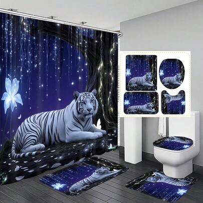 1pc/4pcs White Tiger & Starry Sky Pattern Multifunctional Bathroom Decor Shower Curtain Set, Free 12 Hooks Included, Elegant Holiday Atmosphere, Bathroom Mat, U-Shaped Toilet Mat And Round Toilet Mat, Suitable For All Scenarios Bathroom Set