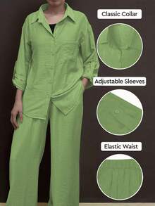 Slim-Fit Polo Collar Casual Cardigan, Versatile Solid-Color Stylish Shirt For The Beach, Everyday Wear, Work, Soft And Comfortable Fabric; Loose-Fitting Elastic-Waist Pants - 橘色 - 查看 11