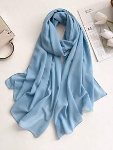 1pc Lightweight Chiffon Solid Color Scarf, Women Hijab Simple Versatile Decorative Shawl For Sun Protection - Blue - View 12