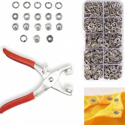  400 قطعة/100 مجموعة أزرار معدنية فضية قابلة للضغط مع كماشة تثبيت، طقم أزرار ضغط معدنية 9.5 مم لملابس وأعمال DIY، طقم أداة ضغط معدنية للخياطة