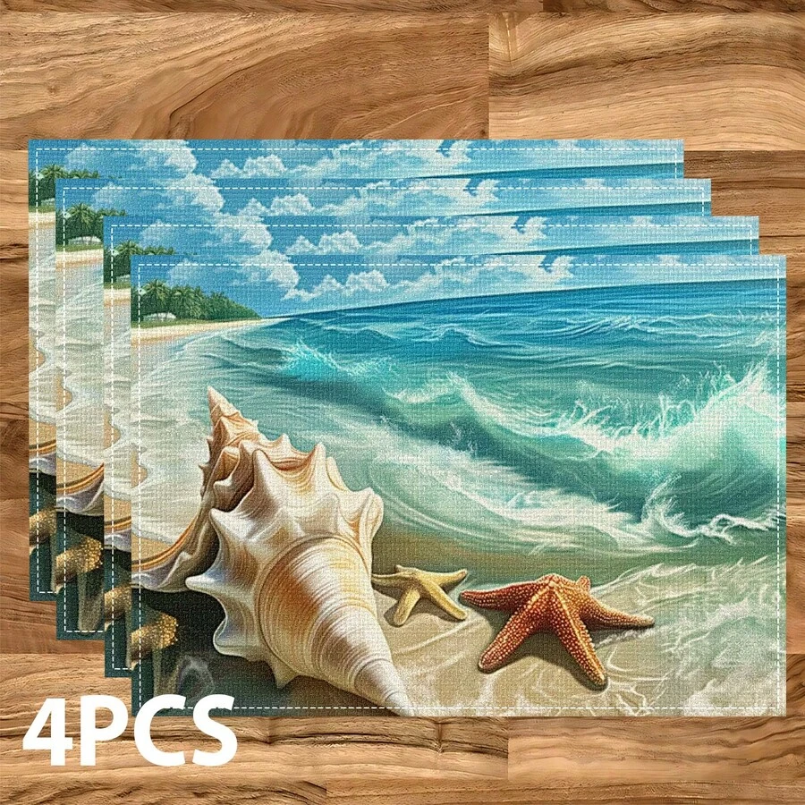 4/6/8 Piezas Set, Manteles individuales con Patrón Oceánico, Decoración de Fiesta, Manteles de Mesa de Comedor (Lino), Posavasos Lavables Impresos, Protectores de Superficie, Decoración Ideal para Reuniones Festivas en la Cocina y el Hogar - Multicolor - Ver 1