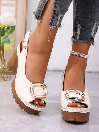 Giày sandal cao gót đế dày kiểu mới mùa hè dành cho nữ, hở mũi, chống trơn trượt, tiện dụng khi đi ngoài trời, khóa kim loại, đa năng, phù hợp mang hàng ngày.