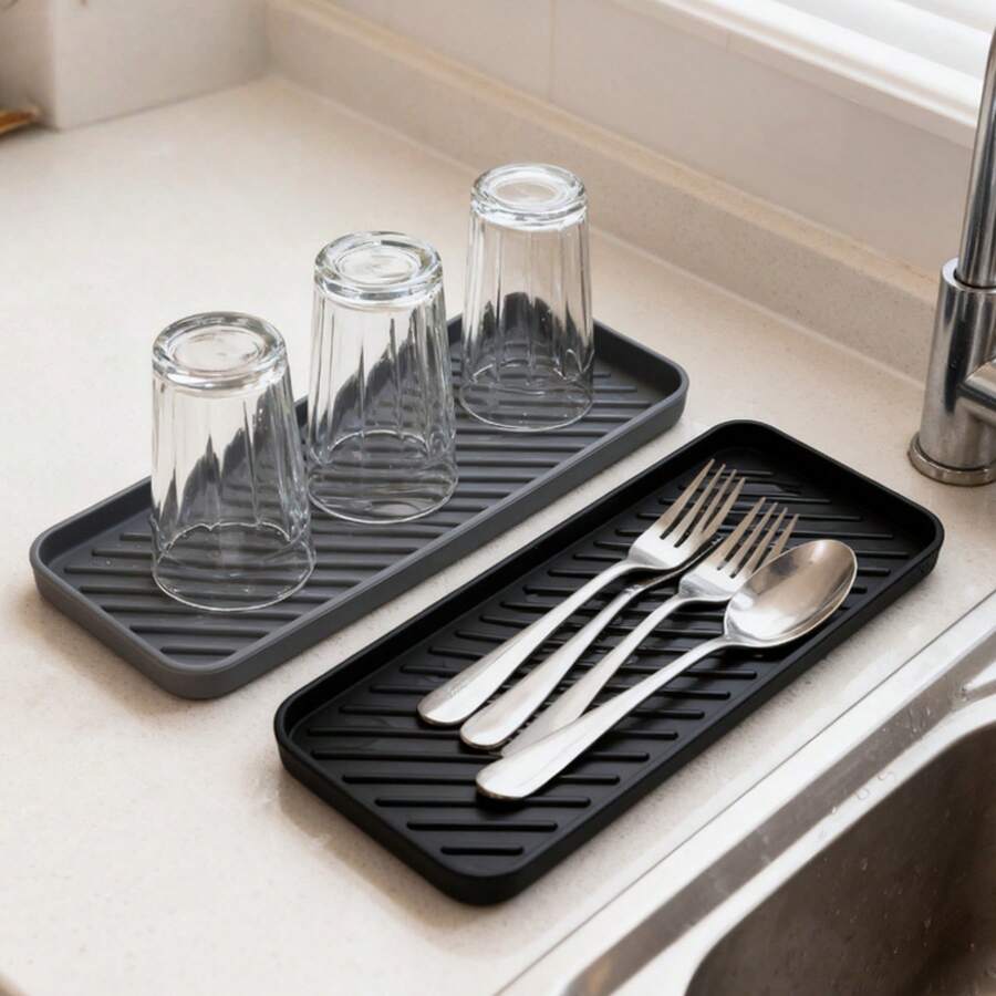 5pcs Silicone Storage Tray, Rectangular Vanity Tray, Sink Sponge Soap Dispenser Rack, Kitchen Sink Soap And Sponge Holder, Household Essentials, Bathroom Accessories