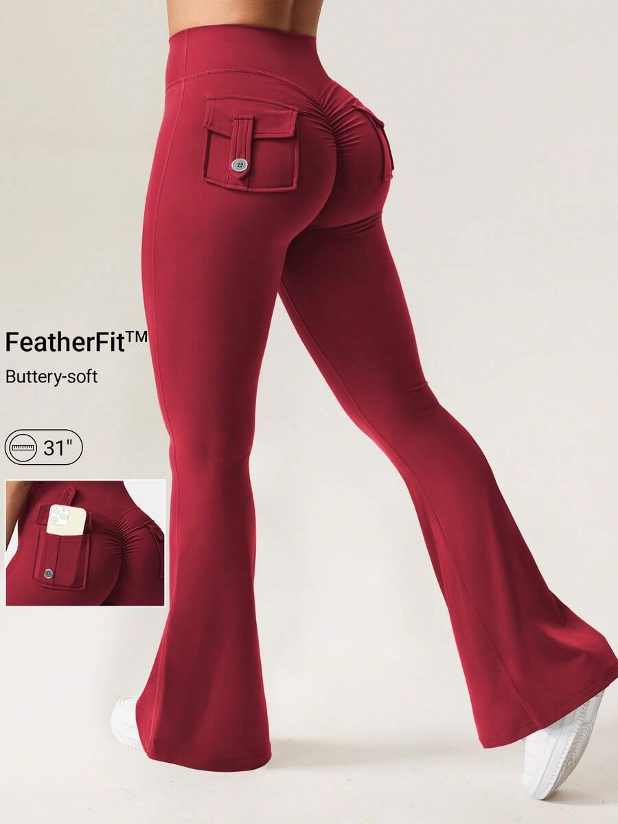YEOREO Flare Leggings With Pockets For Women Butt Lifting Gym Yoga Leggings Flare Leggings Joggers For Women Summer Clothes For Women - 葡萄酒紅 - 查看 1