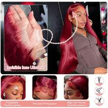 巴西原生发 13x4 高清蕾丝前置波波头假发，200% 密度，#99J 酒红色直发，预先拔毛，带婴儿绒毛，真人混纺假发，自然发际线，女士适用 - SBUG/99J - 查看 8