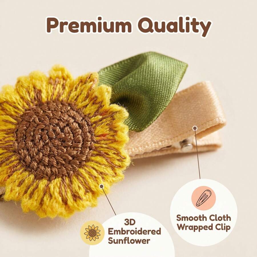 (1 Clip y 1 Coletero) Conjunto de accesorios para el cabello con bordado 3D de girasol - Accesorios suaves y delicados para el cabello de niñas para uso diario, verano, vacaciones, viajes, tocados, diademas - Amarillo - Ver 1