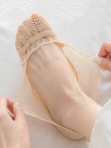 chuanwa（2） 1/5/10双装 女士夏季薄款蕾丝花朵隐形不露趾防滑透气纯色短袜 - 彩色 - 查看 6