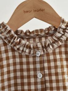 2pcs/Set Young Girl's Fashionable Floral Trim Plaid Vest And Pants Set, Summer - Khaki - View 3