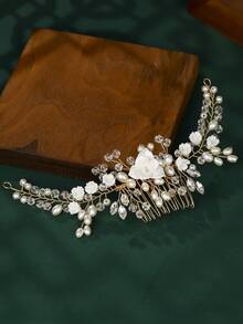 1件手工珍珠花朵新娘发梳，浪漫水钻发夹，婚礼礼服配饰，派对及拍照发饰 - 彩色 - 查看 9