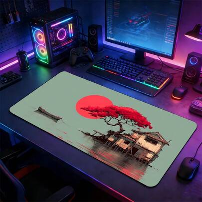 YUFZX Alfombrilla de ratón extendida de estilo japonés con árbol rojo, casa de agua y sol rojo XXL, gran tapete de escritorio con base de goma antideslizante, borde cosido lavable, adecuado para configuración de juegos, oficina en casa, regalo ideal para jugadores y fanáticos del arte japonés y la estética oriental