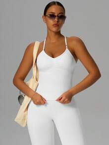 Yefecy Nueva Camiseta de Yoga de Impacto Deportivo, Camiseta de Yoga para Mujer, Ropa de Entrenamiento, Parte Superior Corta con Sujetador Incorporado con Espalda de Tirantes y Tirantes Ajustables Blanco Primavera - Blanco - Ver 3