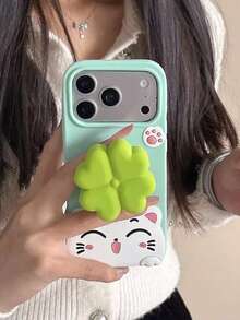 Green Four-Leaf Clover Flower Stand Maneki-Neko Phone Case, Silicone Cover Suitable For IPhone 17 Pro Max - Mint Green - View 1