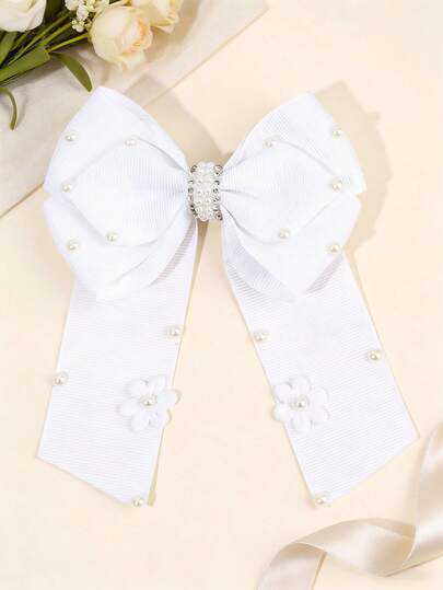 1pc Mother's Day Flower Hair Bows, White Alligator Clips Bow Hair Clips, Elegant Ribbon Wedding Hairpin, Exquisite Pearl Rhinestone Hair Barrettes, Sweet Hair Accessories For Girls Summer Holiday Vacation
