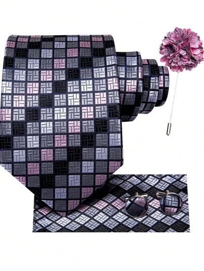 Men's Grey Pink Plaids Tie Set With Pocket Square And Cufflinks Corsage, Elegant Dress Tie For Formal Occasions