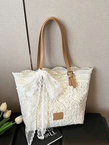 2026新款蕾丝蝴蝶结托特包，女士大容量手提包，单肩包，简约通勤包 - 白色 - 查看 7