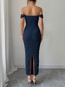 PRETTYGARDEN Women's Summer Dresses Off The Shoulder Dress Ruched Bodycon Sleeveless  Evening Elegant Dresses Wedding Guest Graduation  Cocktail Club Party Navy Blue Maxi Dresses - 藏青色 - 查看 2