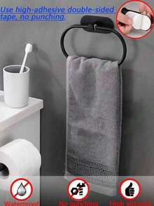 Toallero sin taladro para baño, anillo toallero de acero inoxidable, barra toallera, toallero de tela mate negro, gancho toallero de alta resistencia, soporte para toalla de mano, organizador de almacenamiento para baño, accesorios de ferretería, plata y oro, resistente al agua - Ver 4